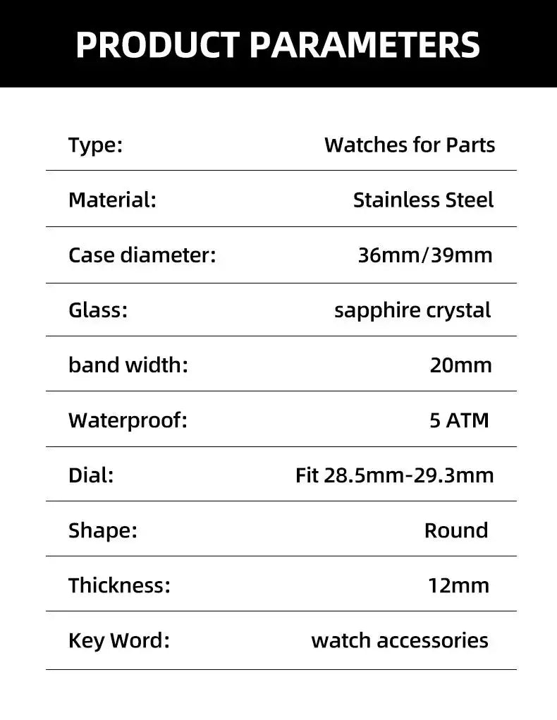 Neiton 36mm/39mm Sapphire Glass For Men Watch Case Fit NH36 NH34 NH35Movement FashionWaterproof Jubilee Stainless Steel Gola Watches