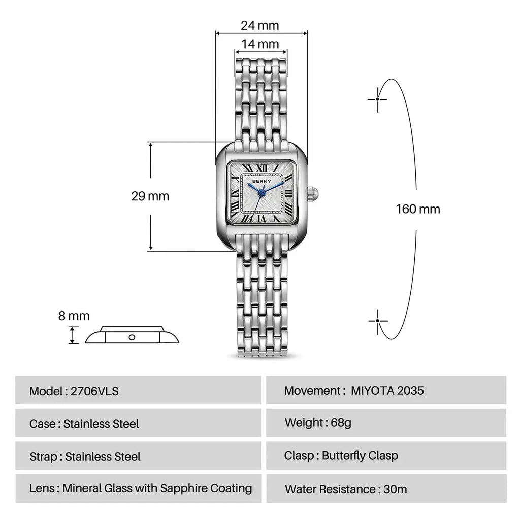 BERNY Luxury Brand Woman Watch New In High Quality S/S Square Ladies Quartz Watches Fashion Elegant Business Wristwatch Gola Watches