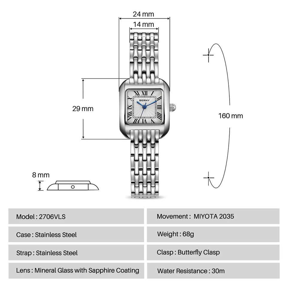 BERNY Luxury Brand Woman Watch New In High Quality S/S Square Ladies Quartz Watches Fashion Elegant Business Wristwatch