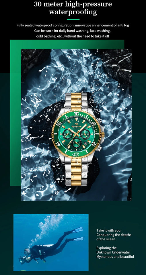 VA VA VOOM Brand Top Men Watch 1Pc Multifunctional Fashionable Timing Dial Green Gold Stainless Steel 3Bar Timing Watch for Men