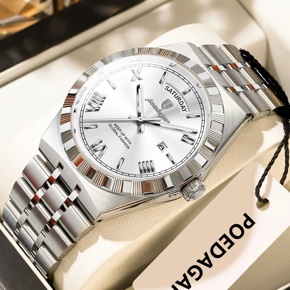 POEDAGAR Luxury Fashion Man Wristwatch Week Date Waterproof Luminous Men's Clock Stainless Steel Quartz Business Watches For Men