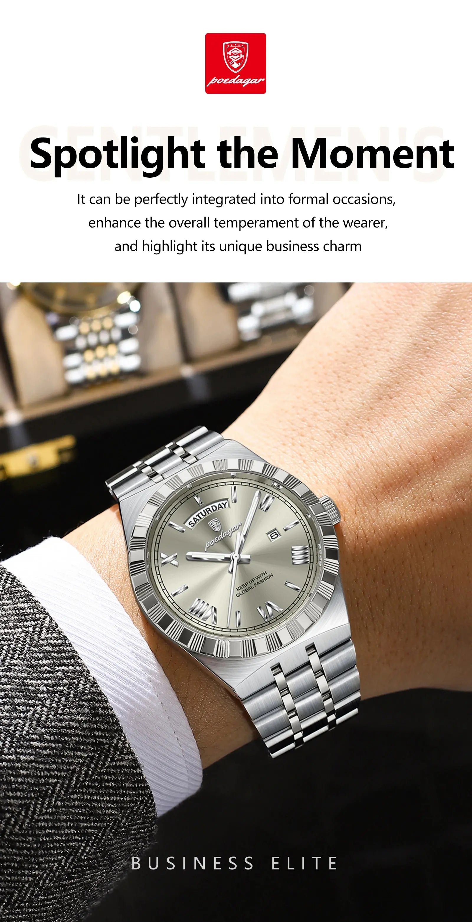 POEDAGAR Luxury Fashion Man Wristwatch Week Date Waterproof Luminous Men's Clock Stainless Steel Quartz Business Watches For Men Gola Watches