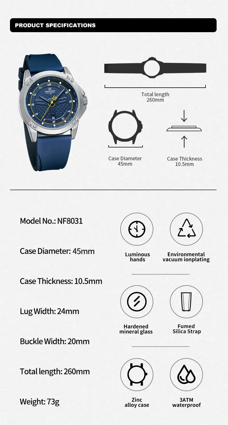 NAVIFORCE Casual Quartz Wristwatch Fashion Waterproof Men's Watches Sport Silicone Strap Male Luminous Clock Relogio Masculino My Store