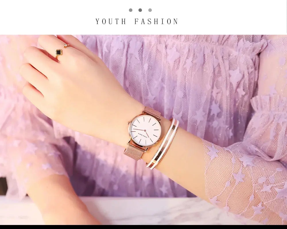 2023 New Women Bracelet Watch 1 Set Japan Quartz Movement Simple Rose Gold Stainless Steel Mesh Student Watches Relogio Feminino Gola Watches