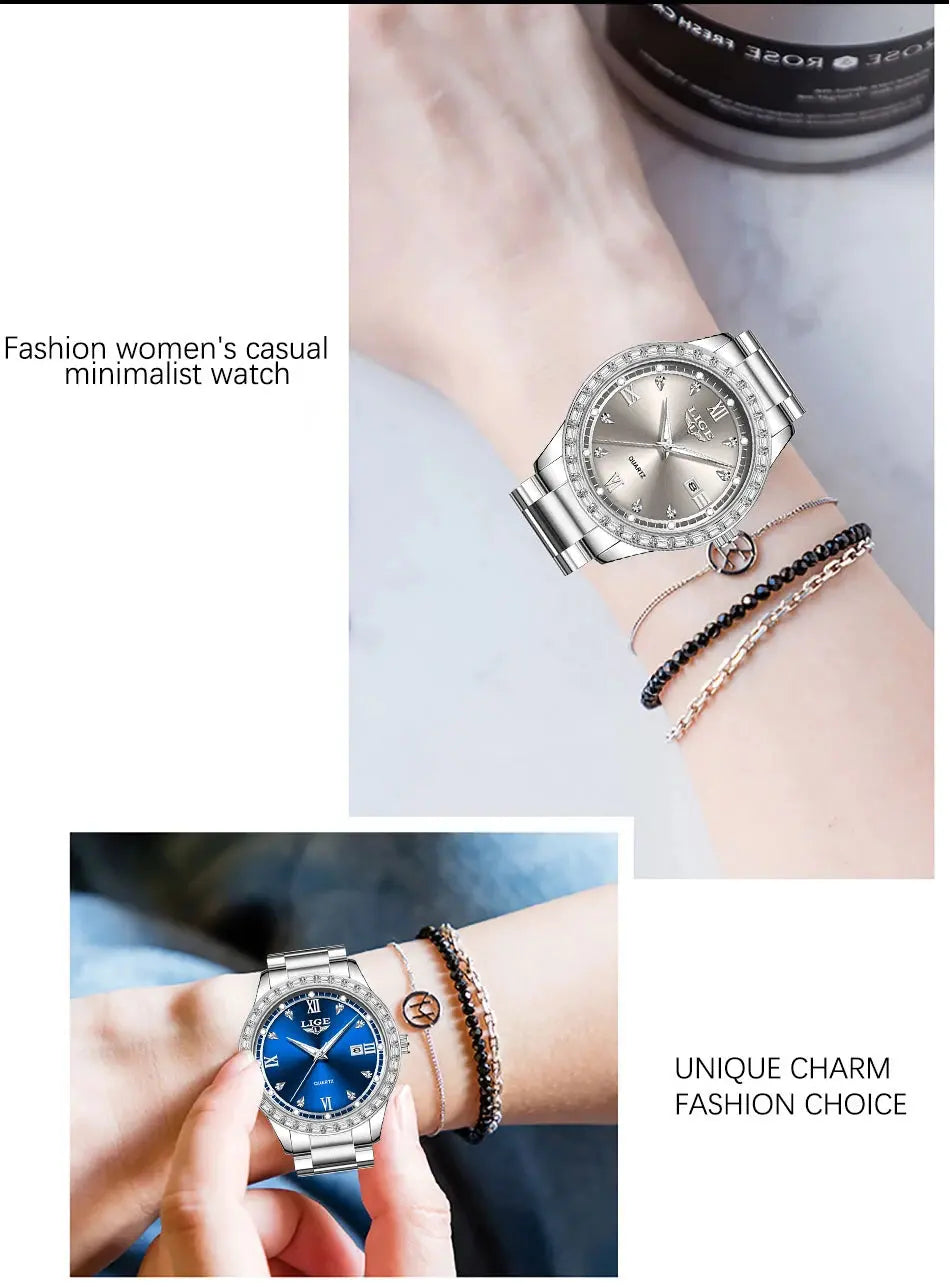 LIGE elegant women's watch Fashion waterproof clock luminous stainless steel business quartz watch for Women reloj de mujer+BOX Gola Watches