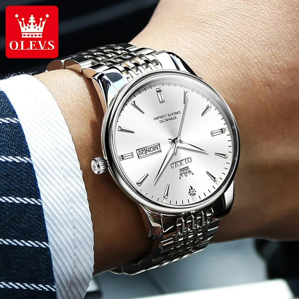 OLEVS 2929 Men Quartz Watch Original Waterproof Business Man Wristwatch Steel Strap Dual Calendar Luminous Fashion Watch For Men Gola Watches