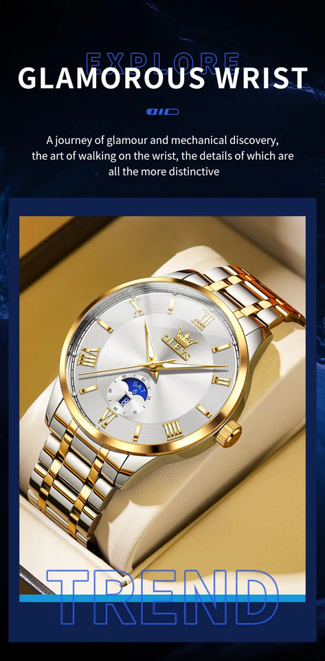 OLEVS 3638 Mens Watch Original Quartz Watch Stainless Steel Waterproof Luminous Large Dial Day Date Watches Luxury Men Box Reloj