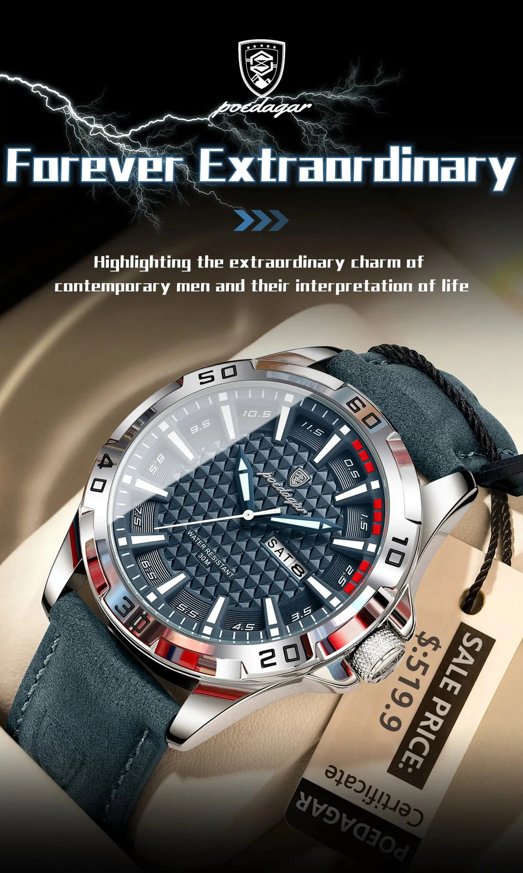 POEDAGAR Original Man Wristwatch Top Luxury Waterproof Luminous Date Week Watch For Men Quartz Sport Leather Men's Watches Reloj Gola Watches