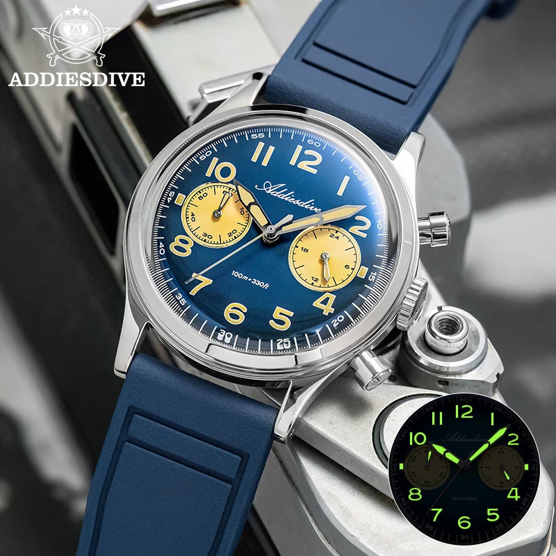 ADDIESDIVE New 2025 Chronograph 38mm Men's Watches VK64 Quartz Wristwatch Luminous Bubble Mirror 10Bar Waterproof Steel Watch