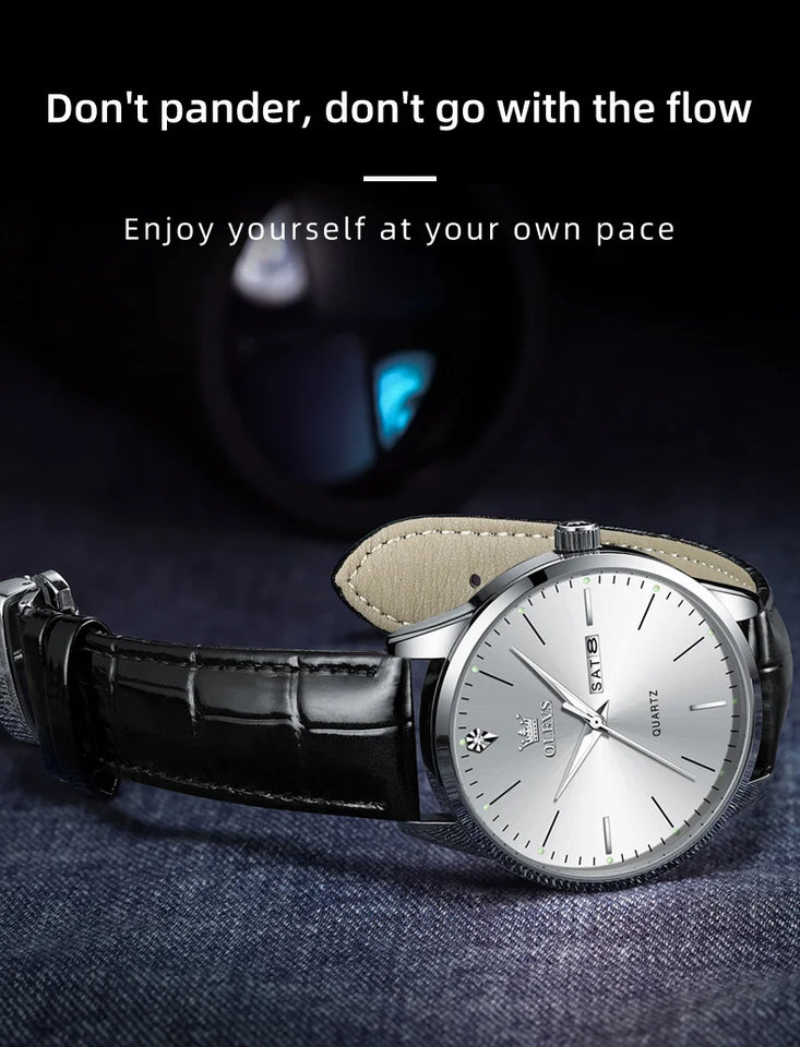 OLEVS Men's Watch Brand Business Waterproof Luminous Week Date Quartz Watch Fashion Leather Strap Classic Luxury Men's Watch