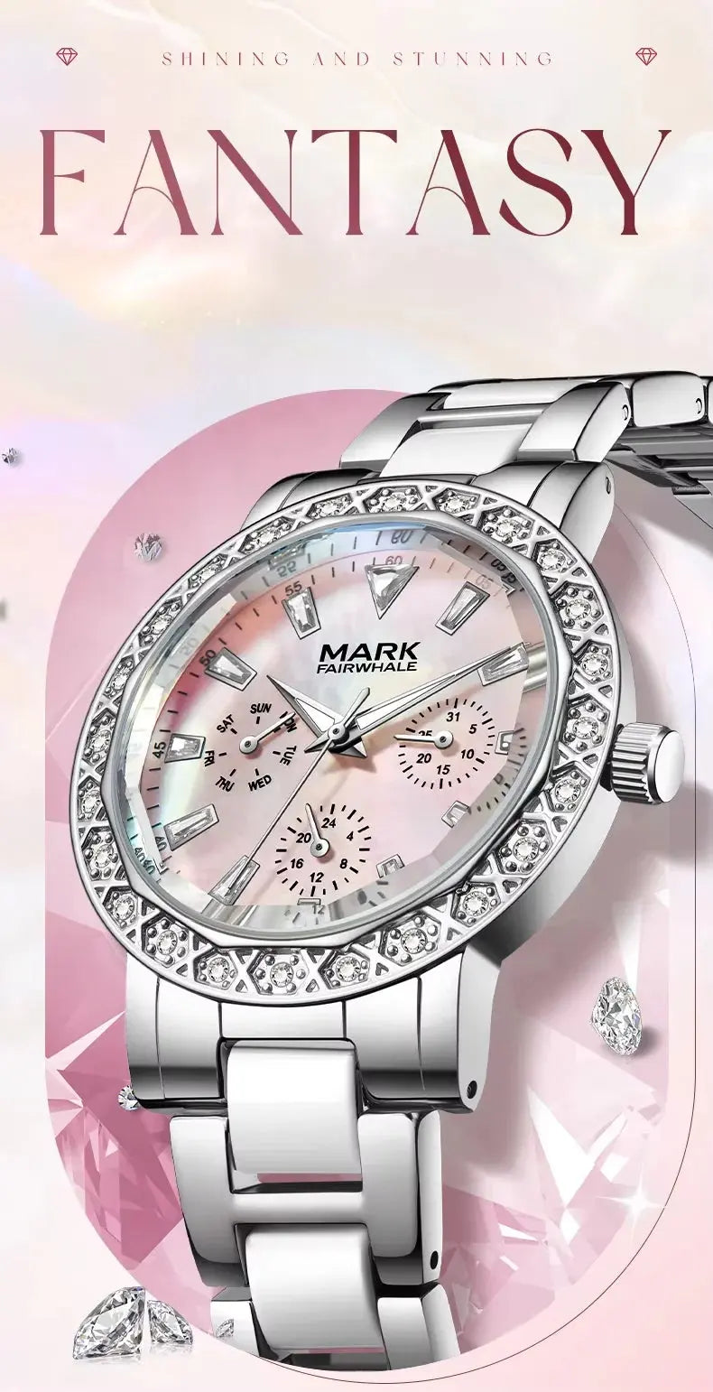 Mark Fairwhale Dress Pink Diamond Watch For Women Fashion Ceramic Chain Quartz Watch Luxury Brilliant Beimu Wristwatch Ladies Gola Watches